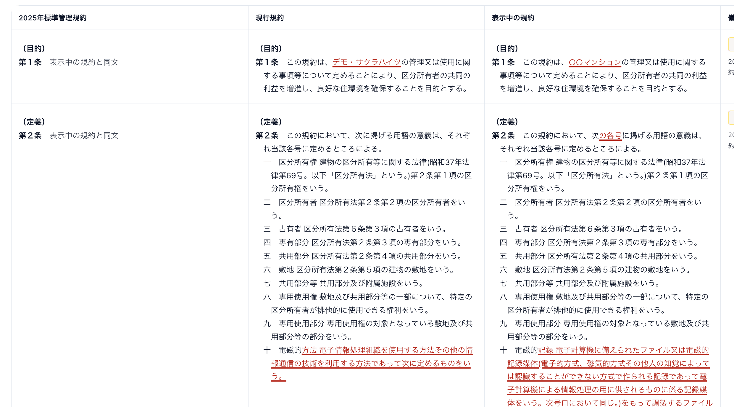 標準管理規約、現行規約、改定案を並べた新旧対照表の出力イメージ